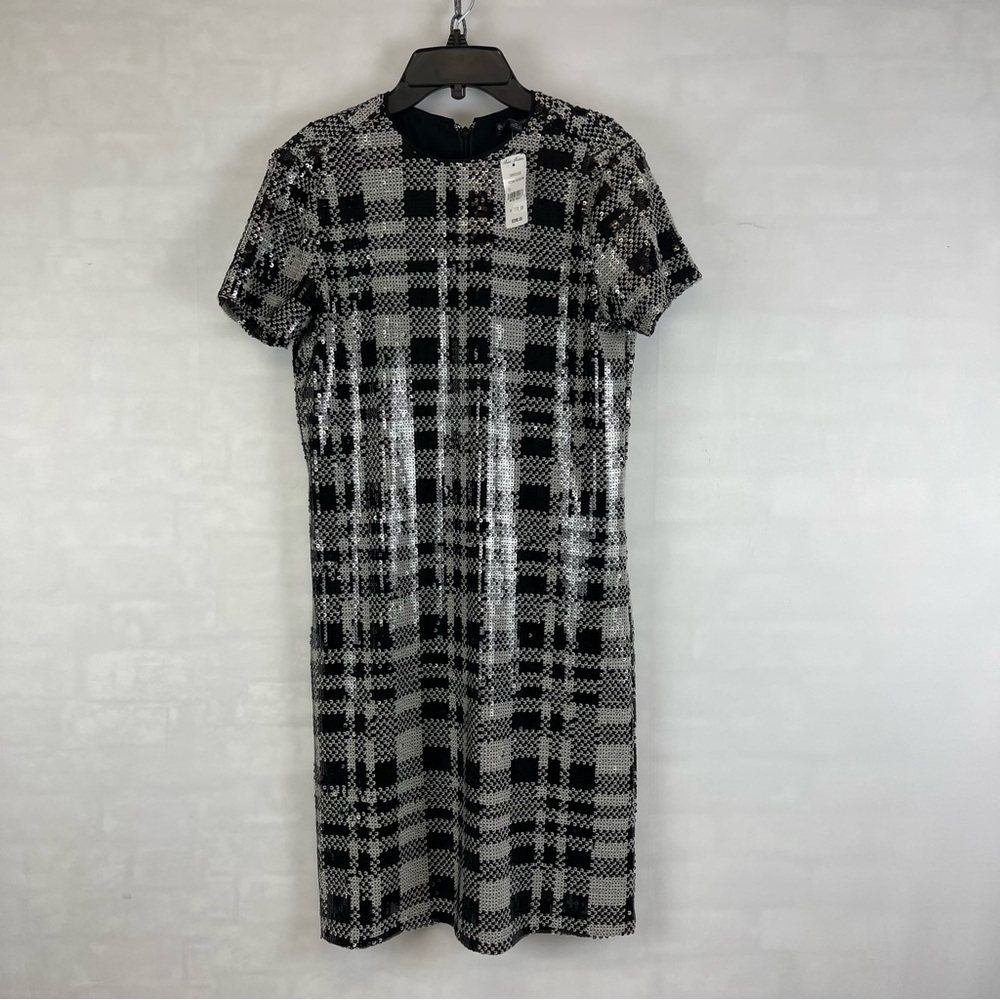 Brooks Brothers Plaid Sequin Short Sleeve Shift Dress Black Silver Size 6 NEW